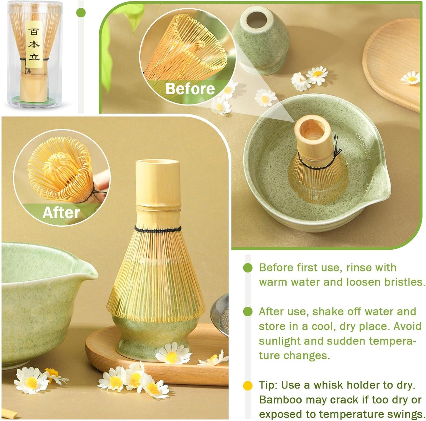 MOMI 4-Piece Matcha Set – Bowl, Whisk, Holder & Scoop + FREE Sieve