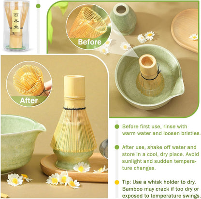 MOMI 4-Piece Matcha Set – Bowl, Whisk, Holder & Scoop + FREE Sieve
