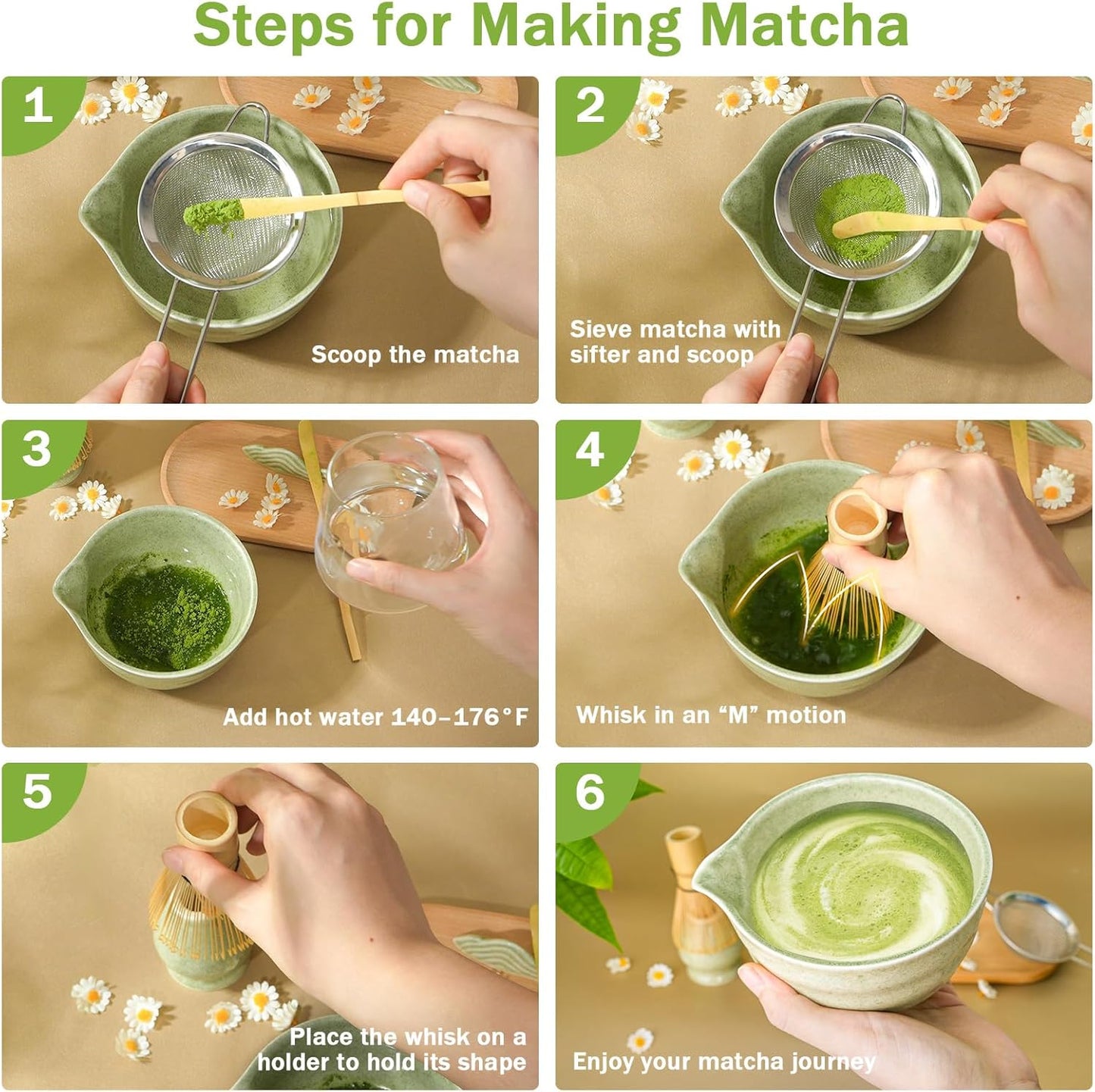 MOMI 4-Piece Matcha Set – Bowl, Whisk, Holder & Scoop + FREE Sieve